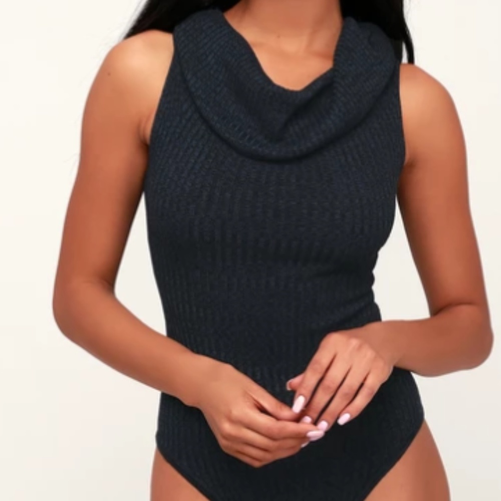 Navy Blue Ribbed Off The Shoulder Body Suit